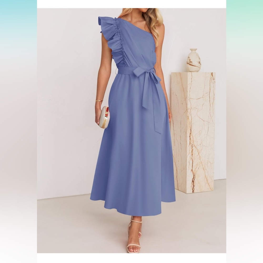 Summer One Shoulder Ruffle Dress Sleeveless Empire Waist Boho Flowy Maxi Dresses